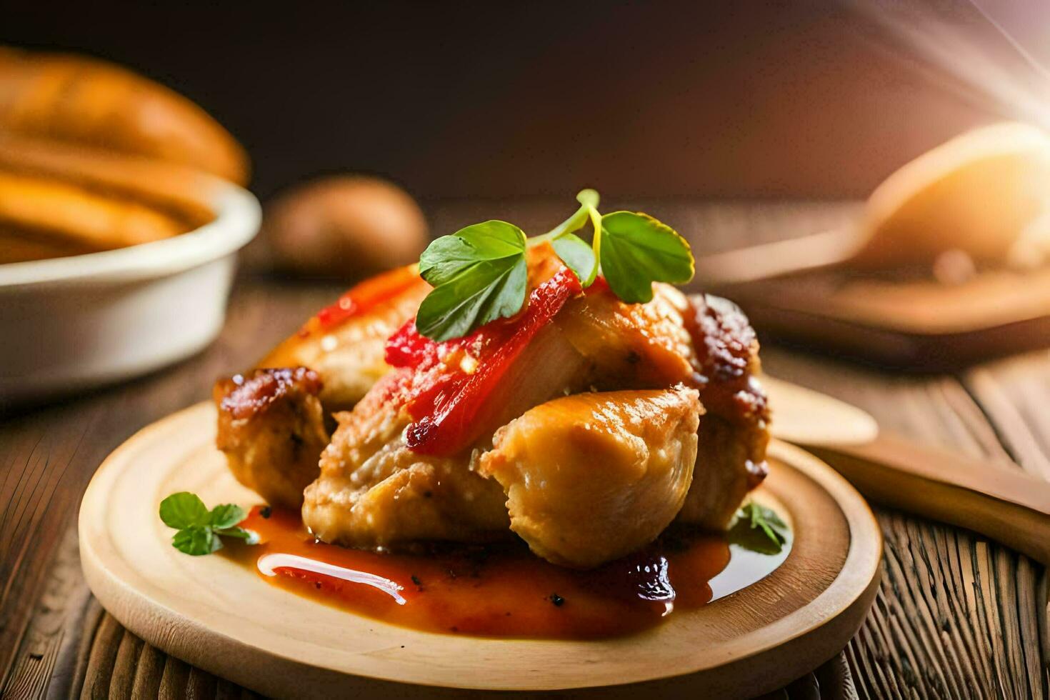 chicken with sauce and bread on a wooden table. AI-Generated photo