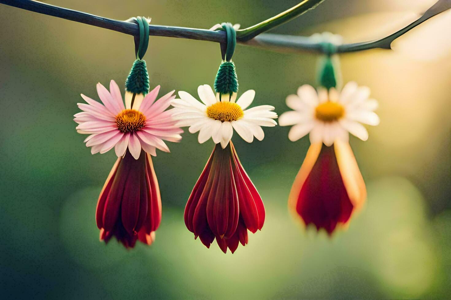 Tres flores colgando desde un rama. generado por ai foto