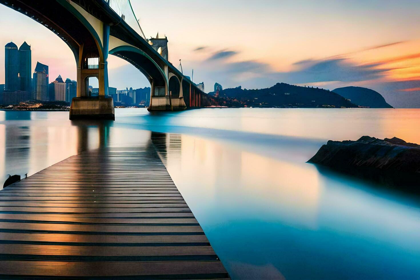 a bridge over the ocean with a city skyline in the background. AI-Generated photo