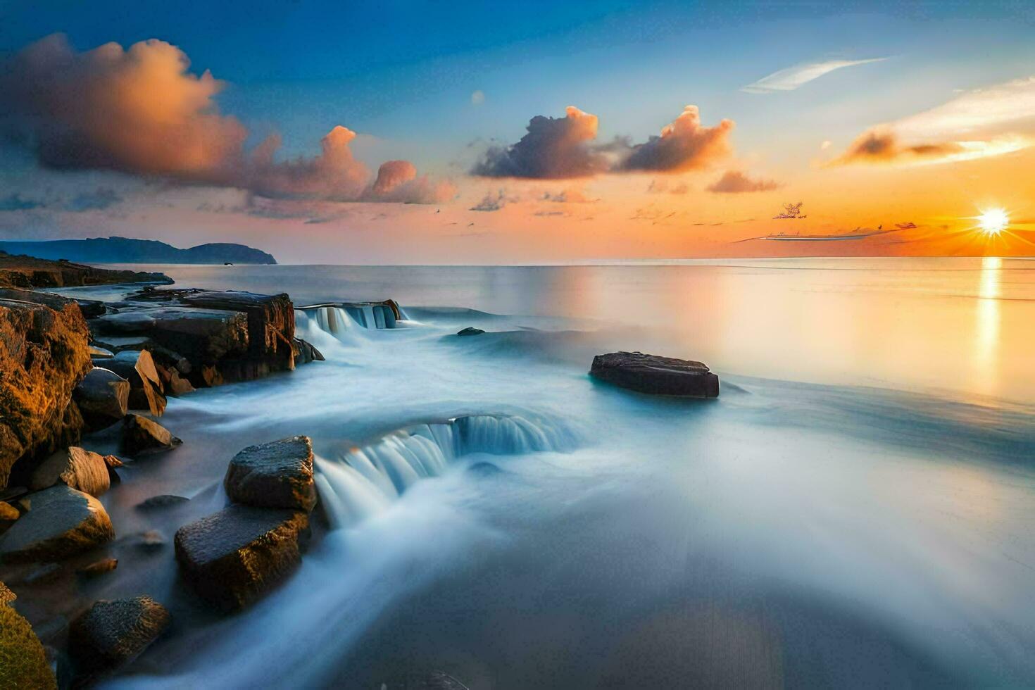 a beautiful sunset over the ocean with rocks and water. AI-Generated photo