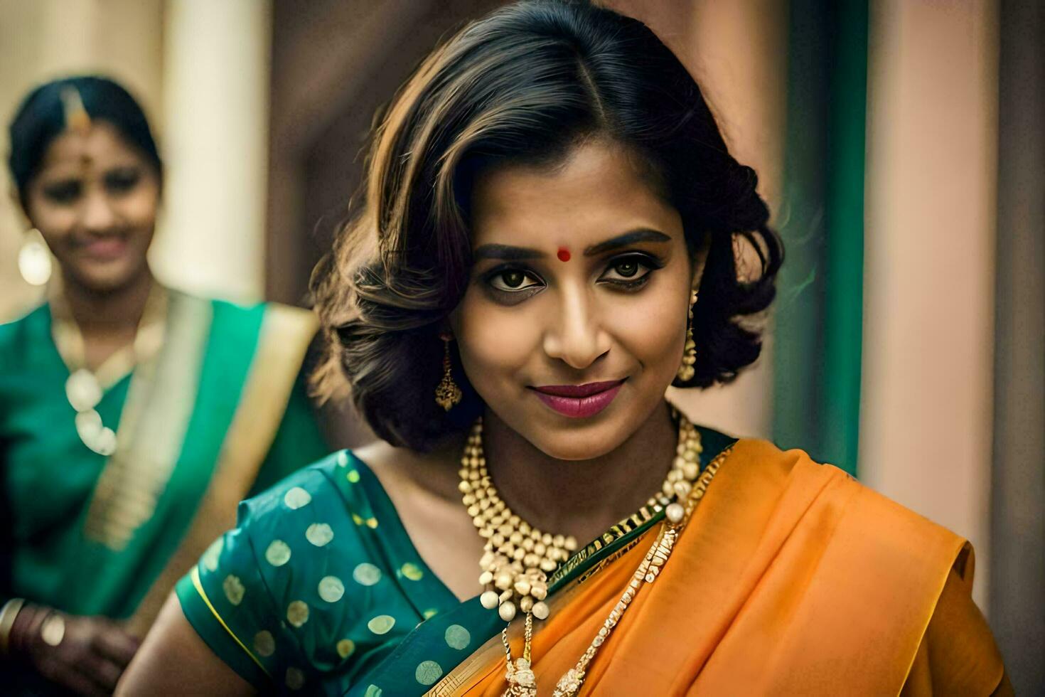 a woman in an orange sari with gold jewelry. AI-Generated photo