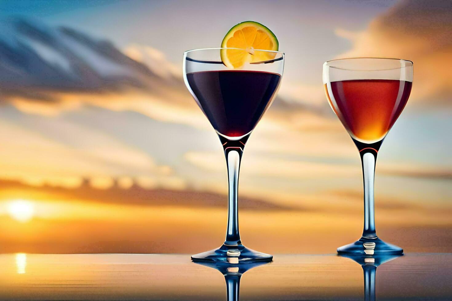 two glasses of wine with a sunset in the background. AI-Generated photo