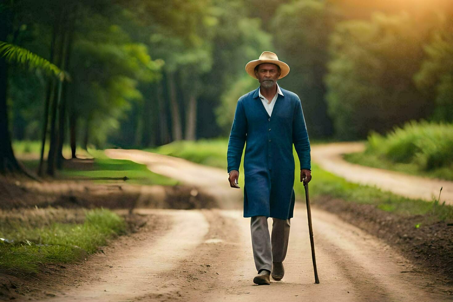 un antiguo hombre caminando abajo un suciedad la carretera con un caña. generado por ai foto