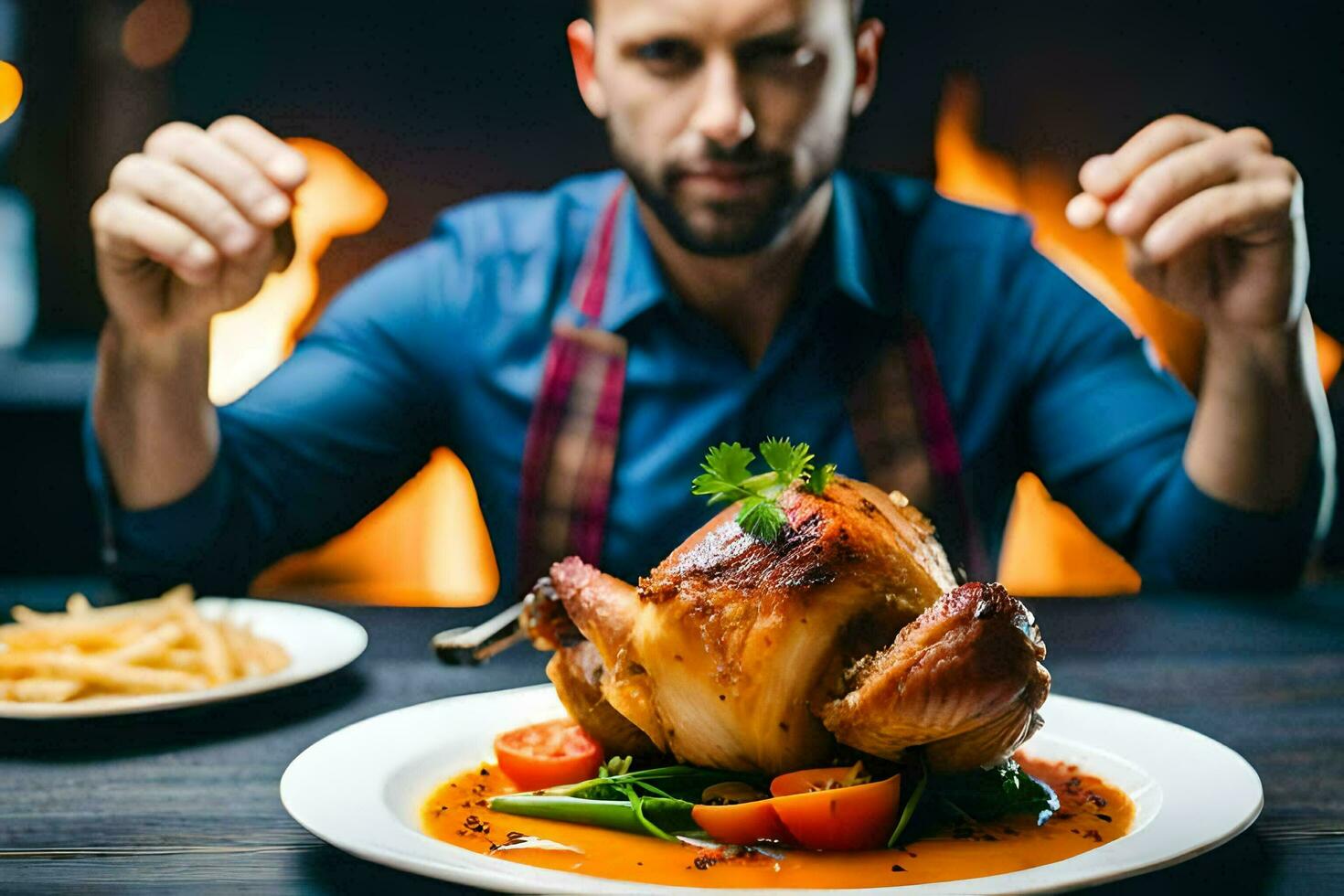 a man is holding up his fist in front of a chicken. AI-Generated photo
