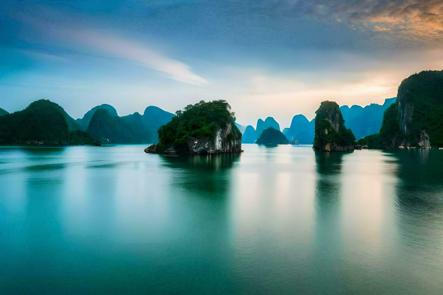 the sun sets over the water in halong bay, vietnam. AI-Generated photo
