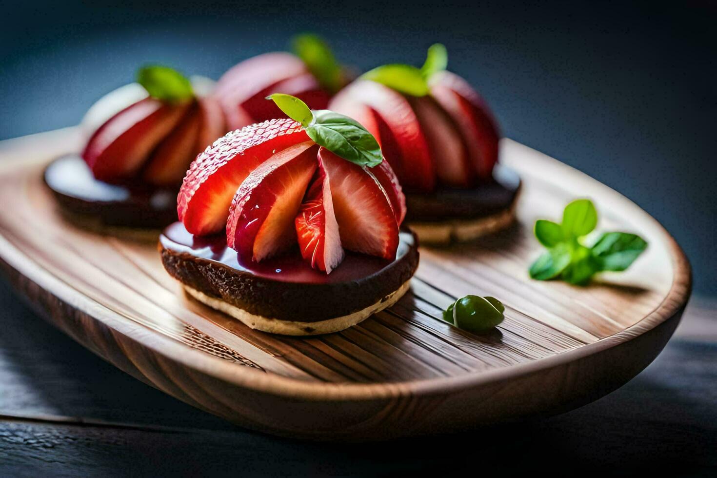 three desserts on a wooden tray. AI-Generated photo