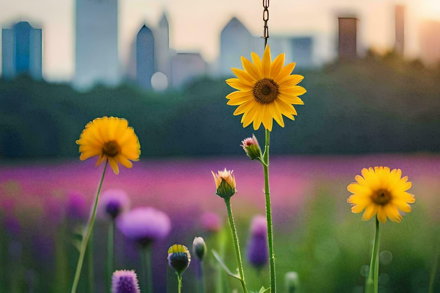 sunflowers in a field with city skyline in the background. AI-Generated photo