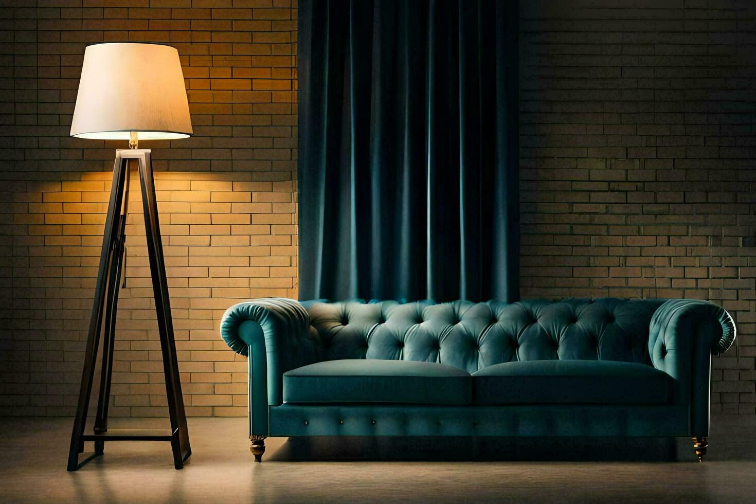 a blue couch and lamp in front of a brick wall. AI-Generated photo