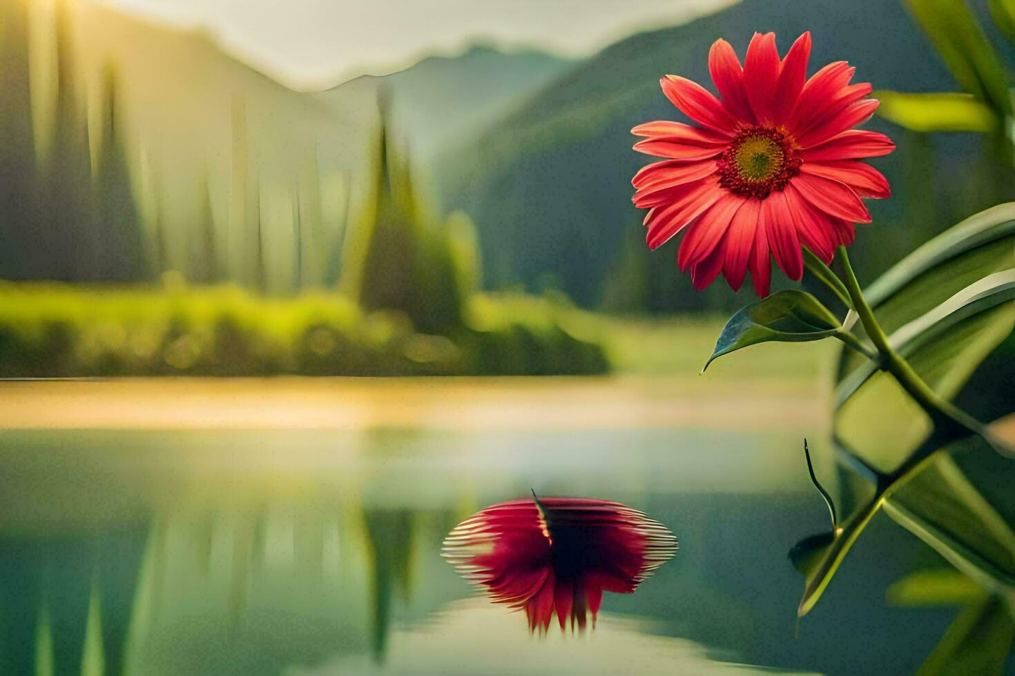 a red flower is sitting on the edge of a lake. AI-Generated photo