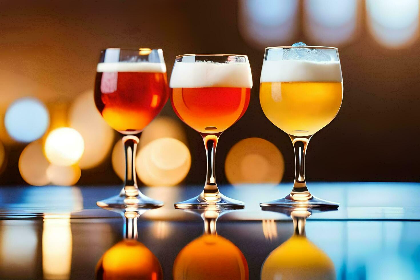 three glasses of beer on a table. AI-Generated photo