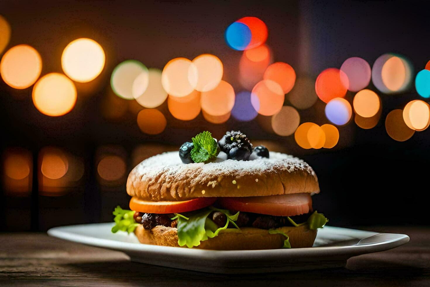 a hamburger with berries and tomatoes on a plate. AI-Generated photo