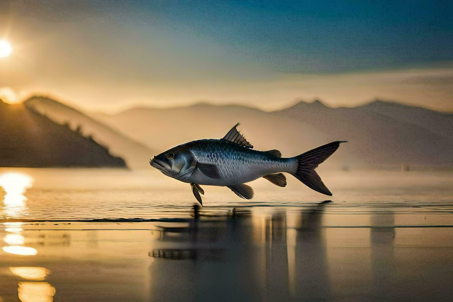 un pescado es saltando fuera de el agua a puesta de sol. generado por ai foto