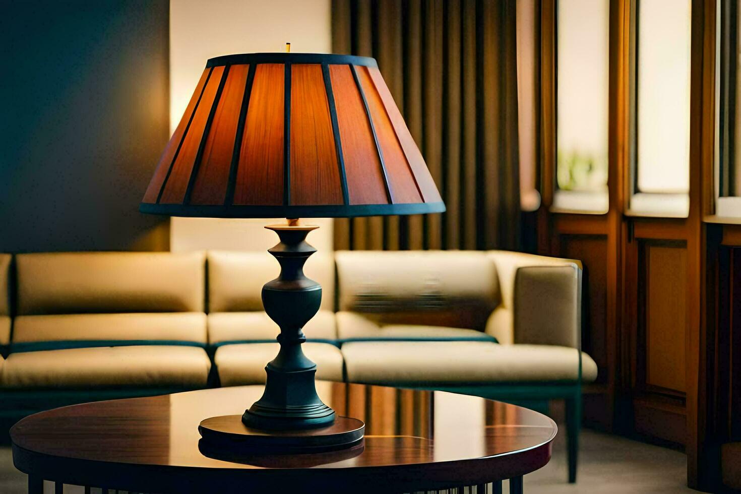 a lamp on a table in a hotel room. AI-Generated photo