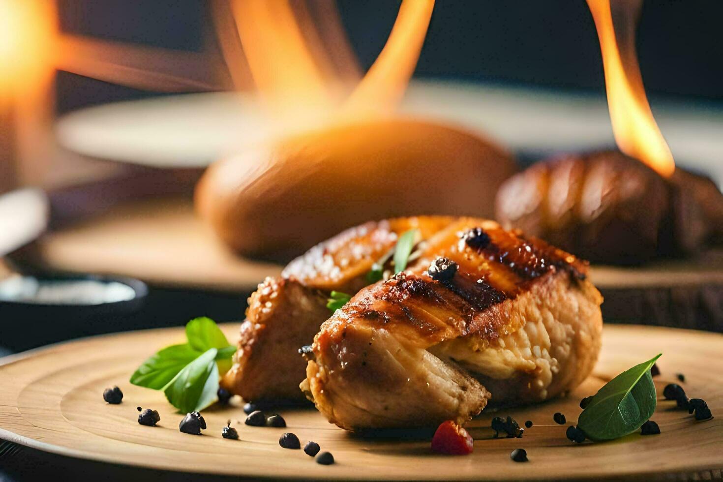 grilled chicken on a plate with a candle in the background. AI-Generated photo