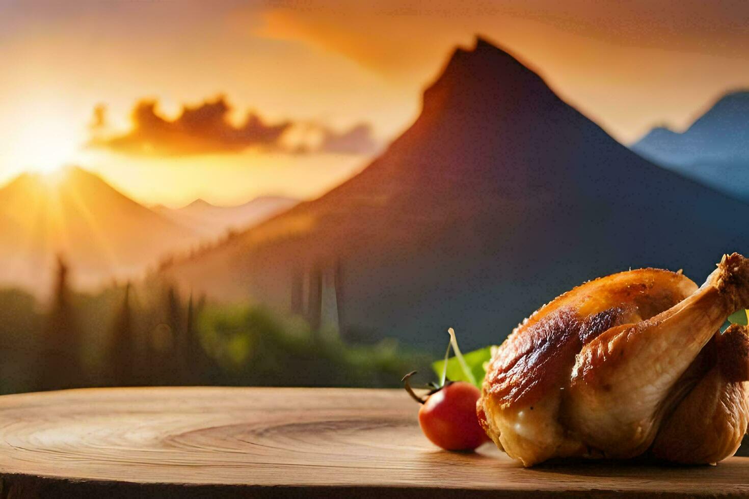 a chicken on a wooden table in front of a mountain. AI-Generated photo