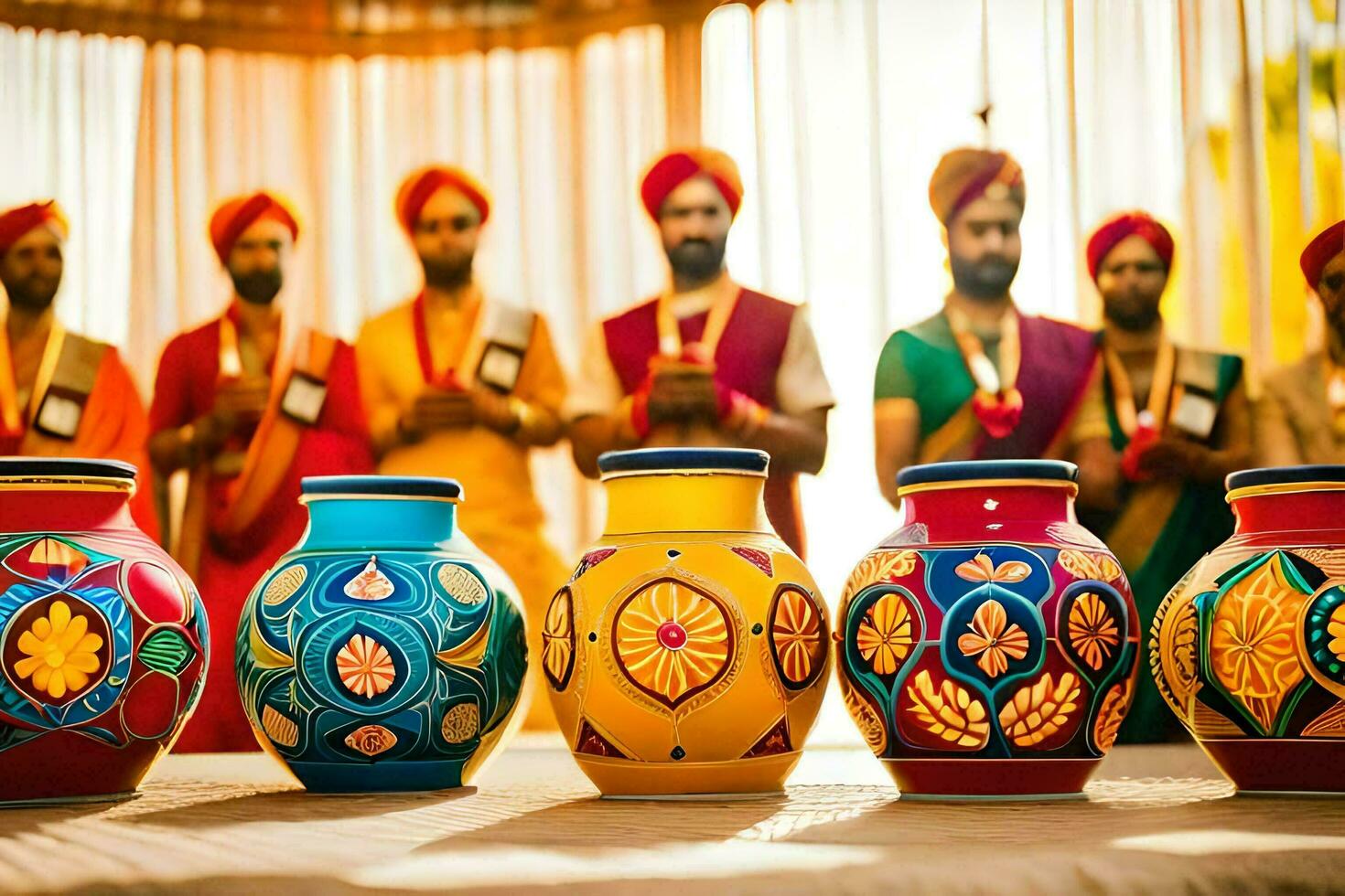 a group of men in colorful outfits standing around a table with vases. AI-Generated photo