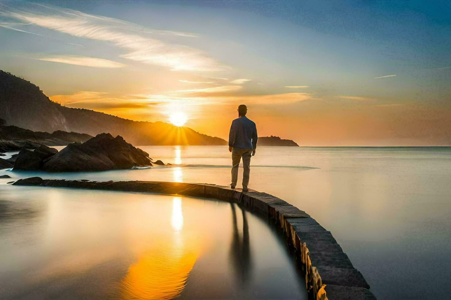 a man standing on a jetty at sunset. AI-Generated photo