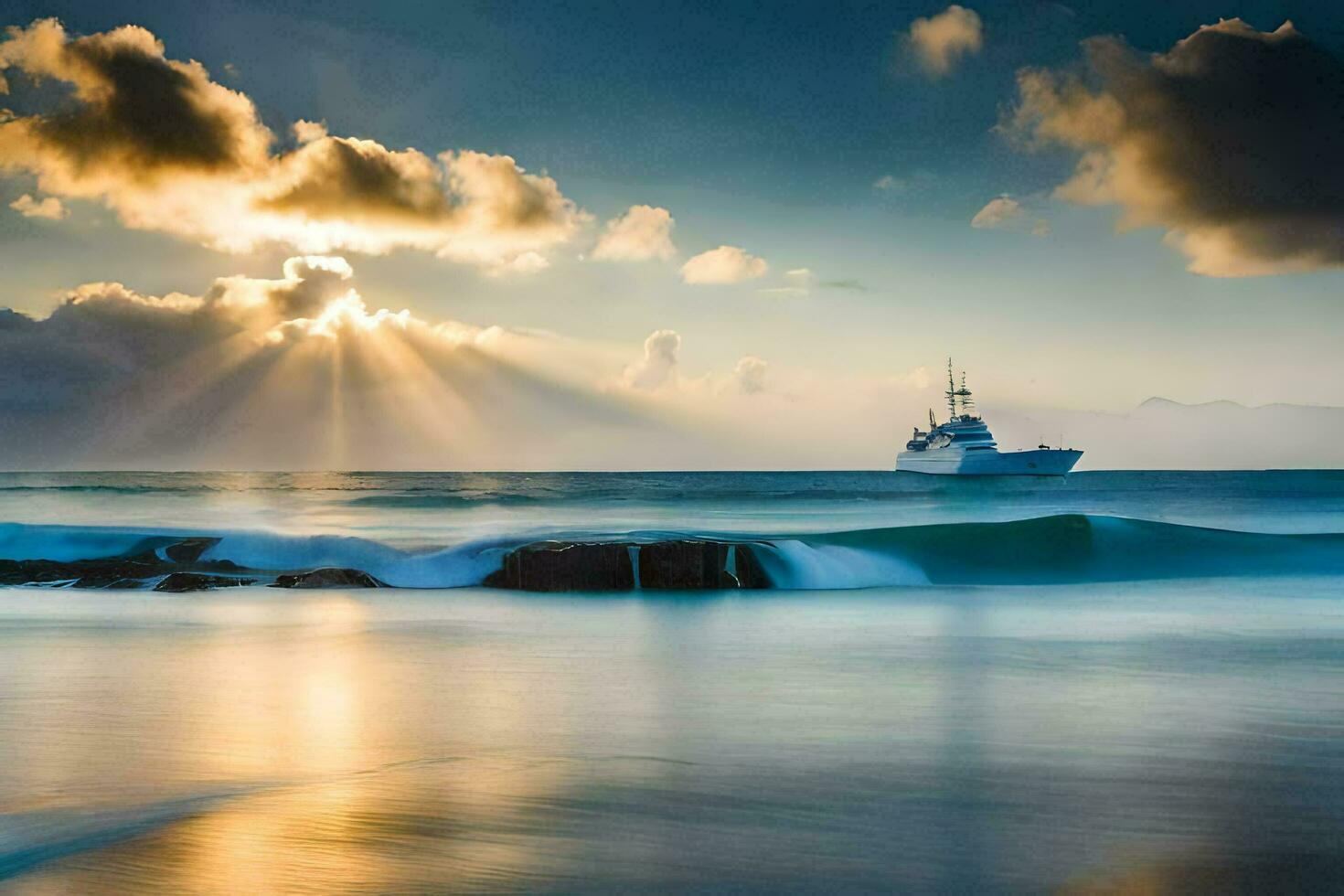a boat on the ocean at sunset with the sun shining through the clouds. AI-Generated photo
