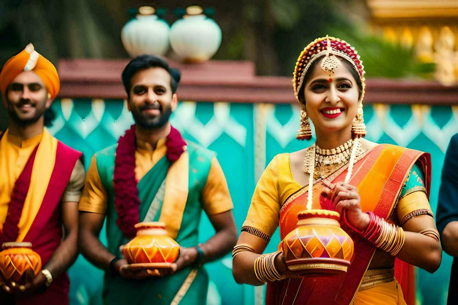 a bride and groom in traditional indian attire. AI-Generated photo