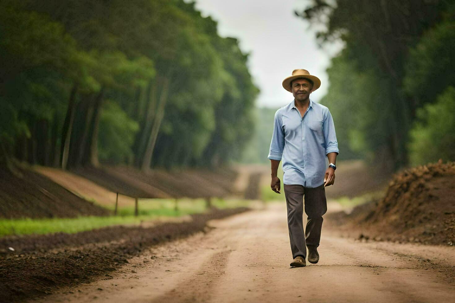 a man wearing a hat walks down a dirt road. AI-Generated photo