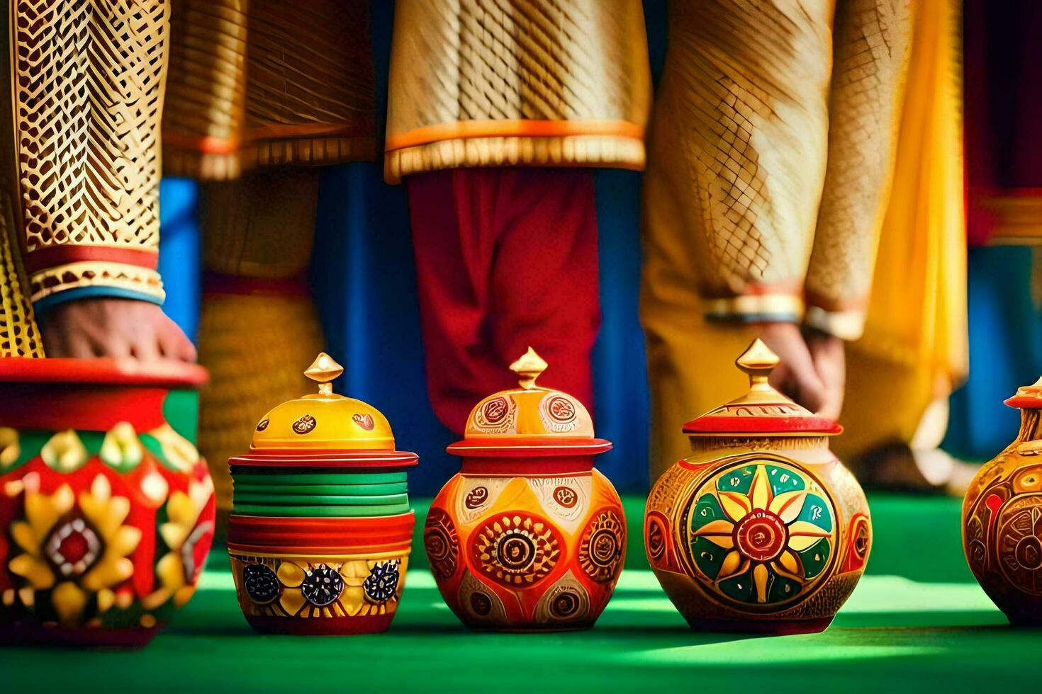 a group of colorful pots and vases on a green surface. AI-Generated photo