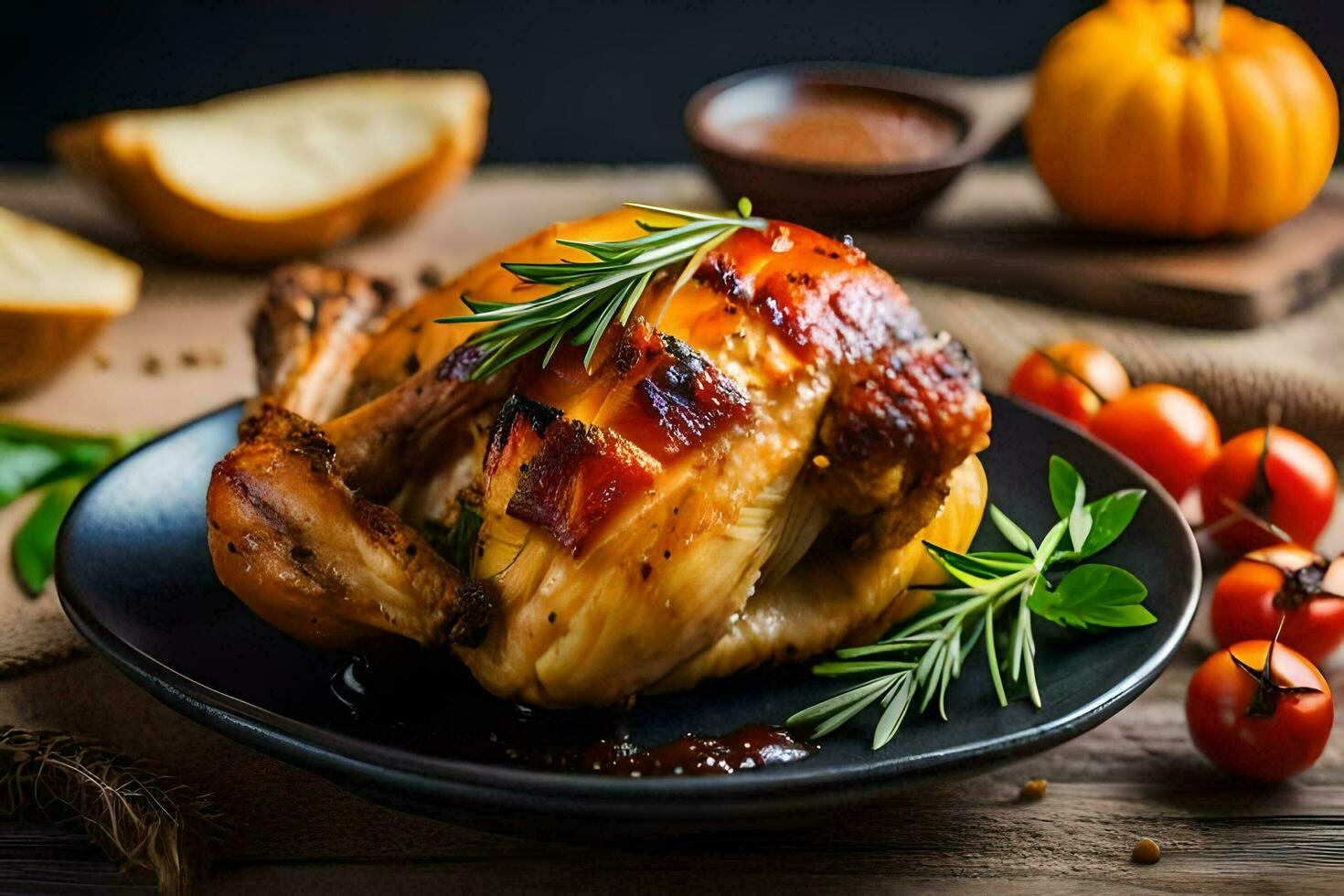 a roasted chicken with rosemary and thyme on a black plate. AI-Generated photo