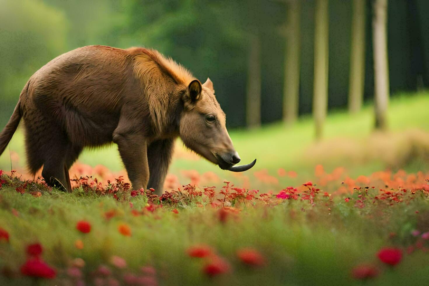 a brown animal walking through a field of flowers. AI-Generated photo