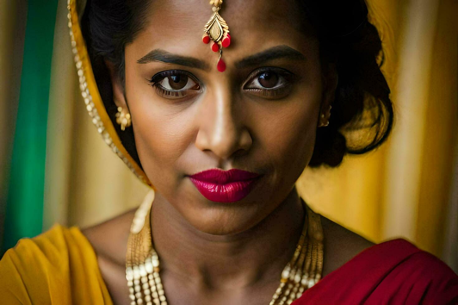 un mujer en un tradicional sari con oro joyas. generado por ai foto