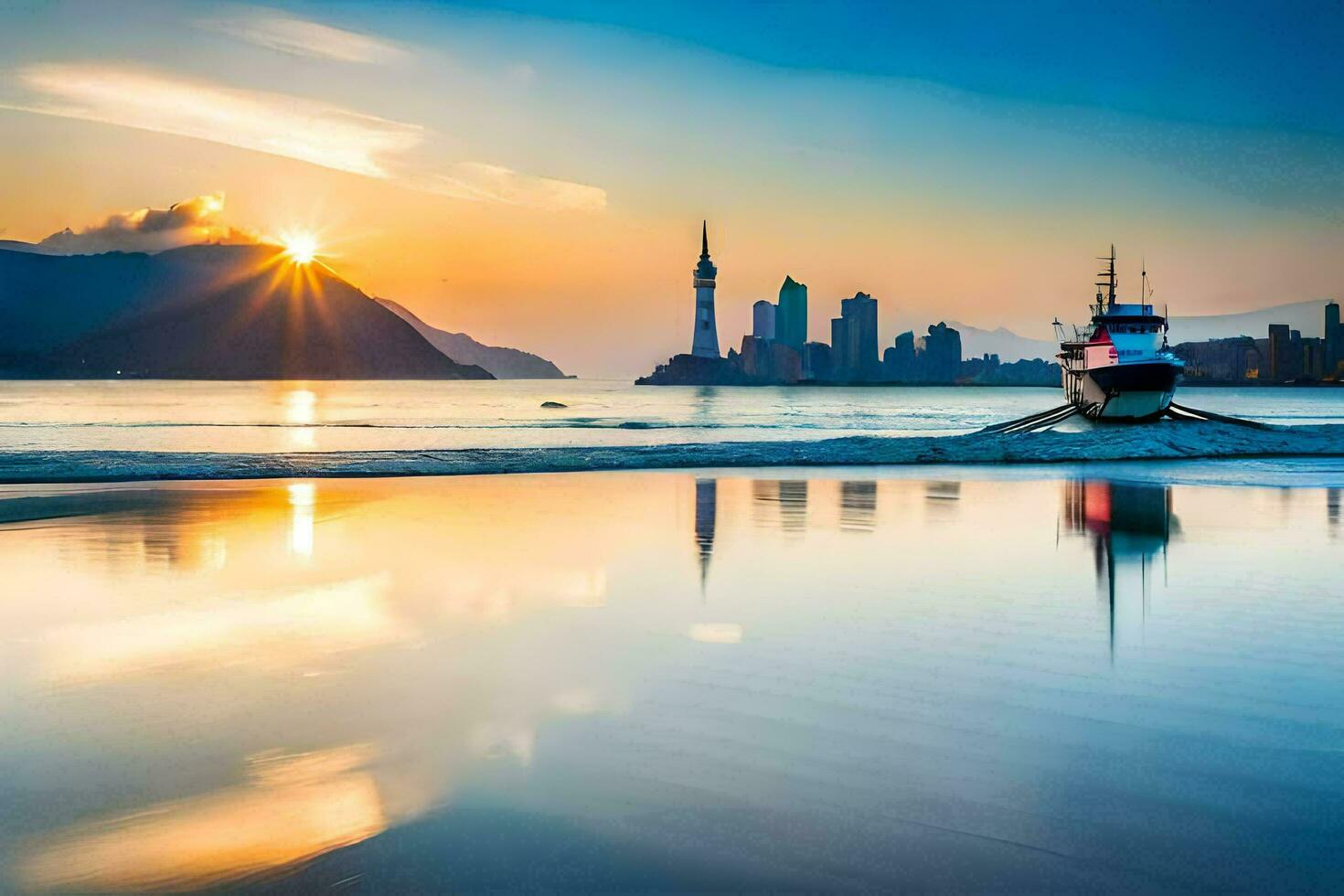 a boat is on the beach at sunset with the city in the background. AI-Generated photo