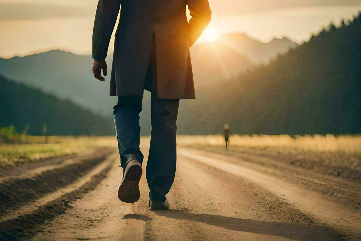 un hombre caminando abajo un suciedad la carretera en el medio de un campo. generado por ai foto