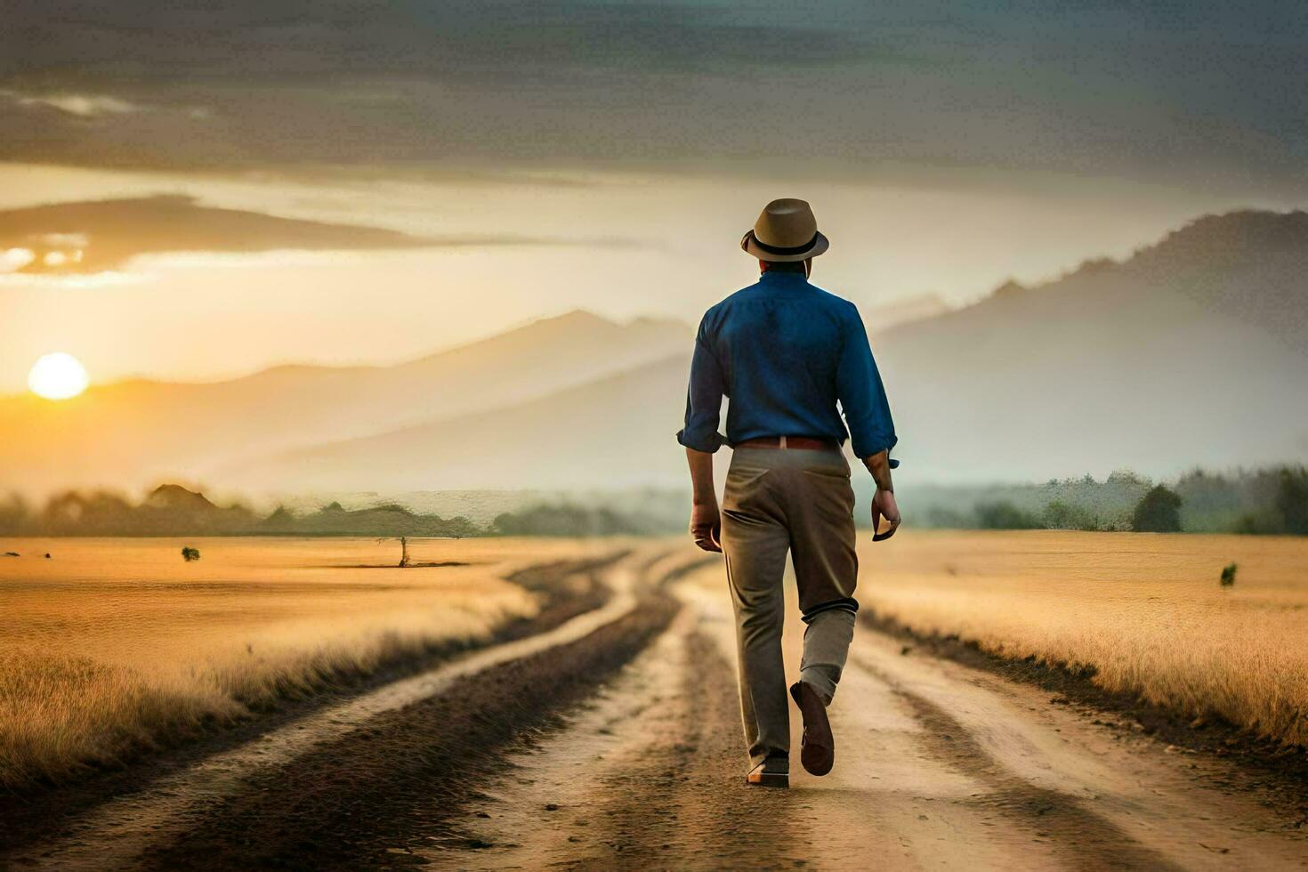 a man walking down a dirt road at sunset. AI-Generated photo