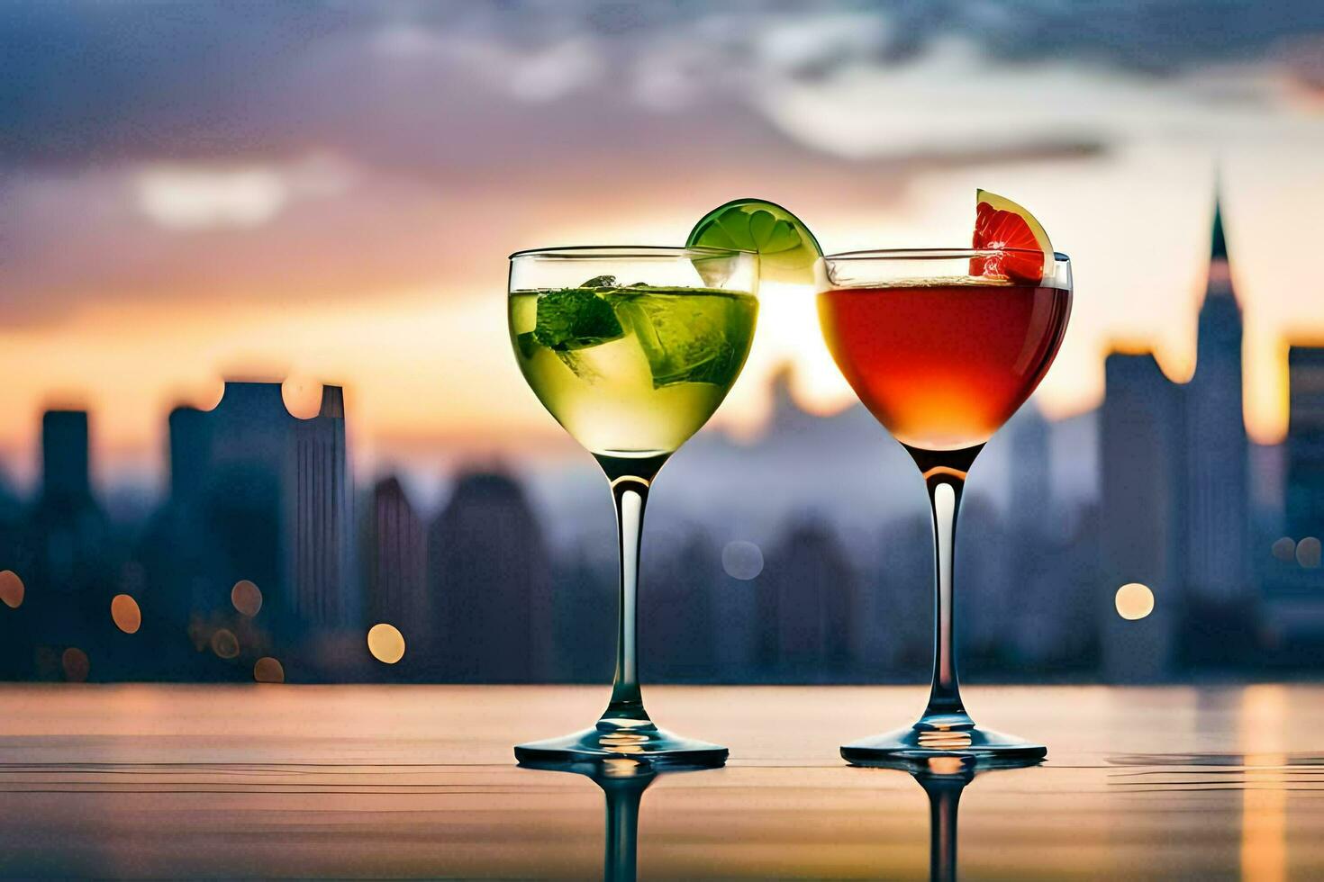 two glasses of cocktails with a city skyline in the background. AI-Generated photo