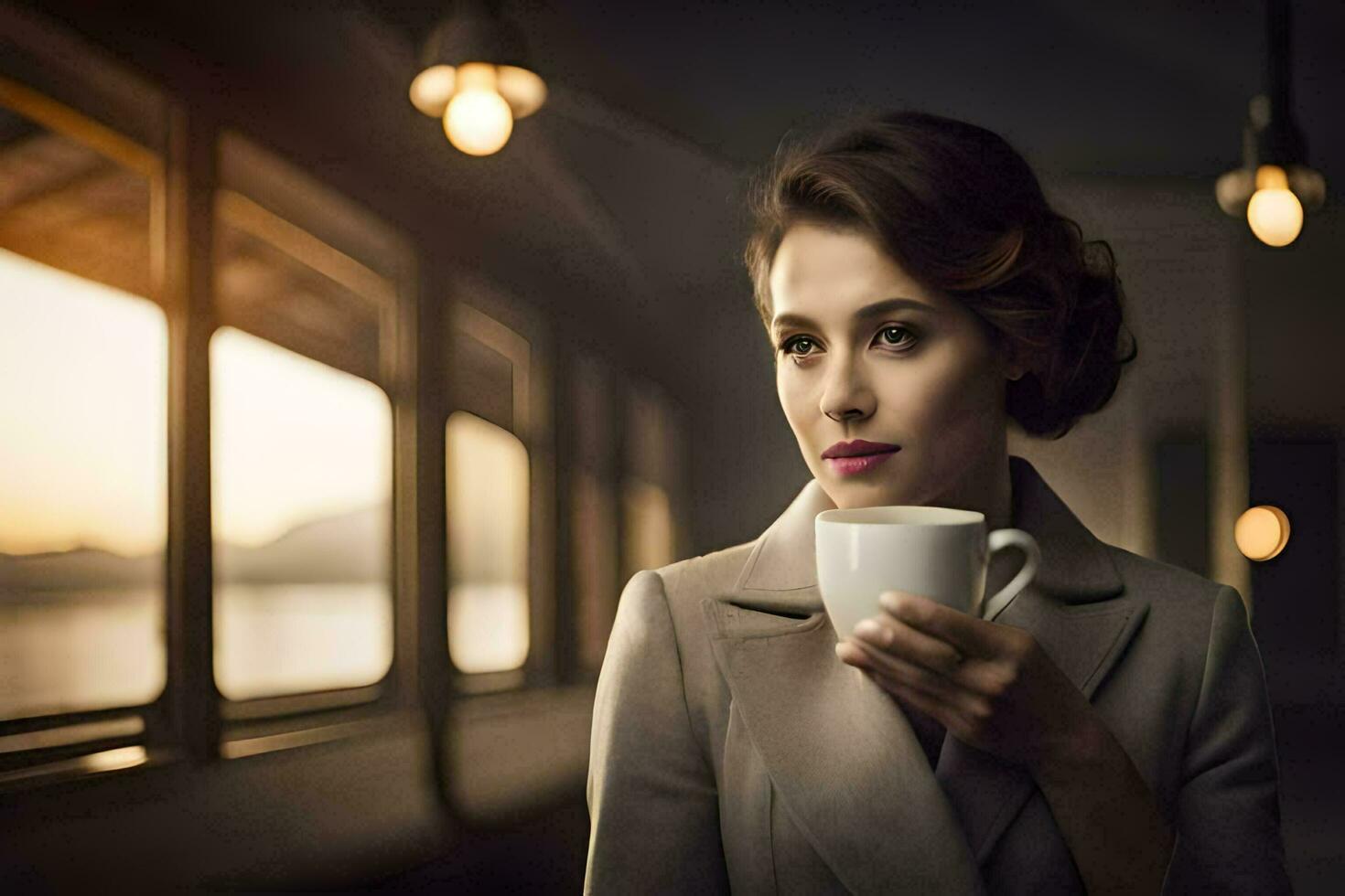 a woman in a suit holding a cup of coffee. AI-Generated photo