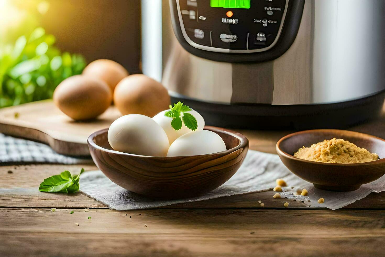 eggs in a bowl next to an instant pot. AI-Generated photo