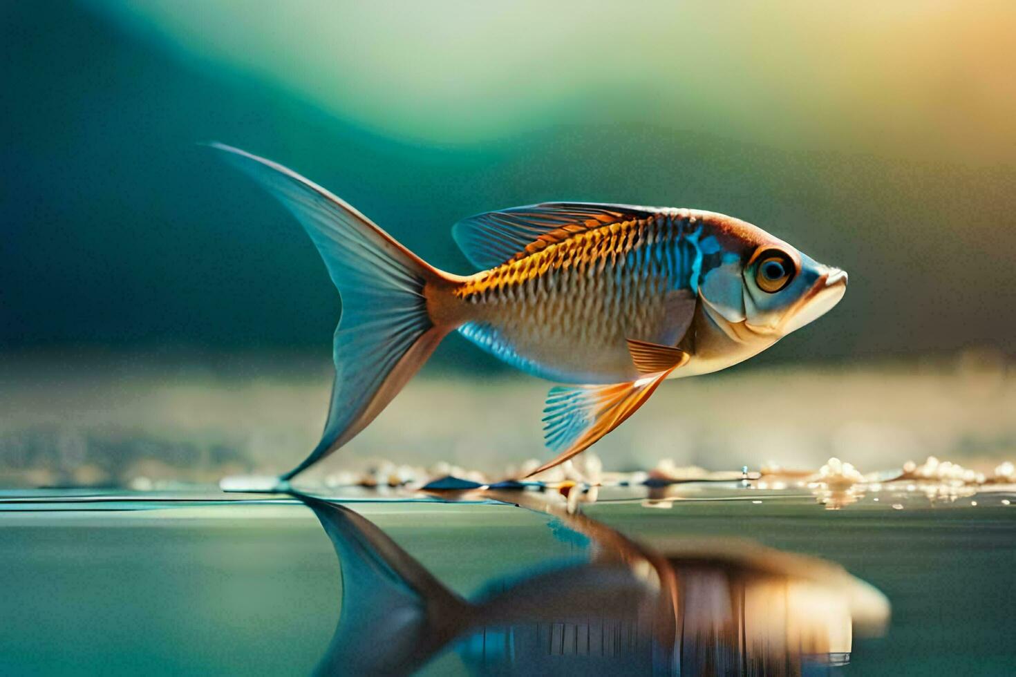 a fish is standing on the water with its reflection. AI-Generated photo