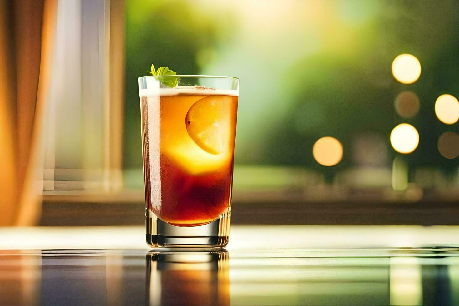 un vaso de con hielo té sentado en un mesa. generado por ai foto