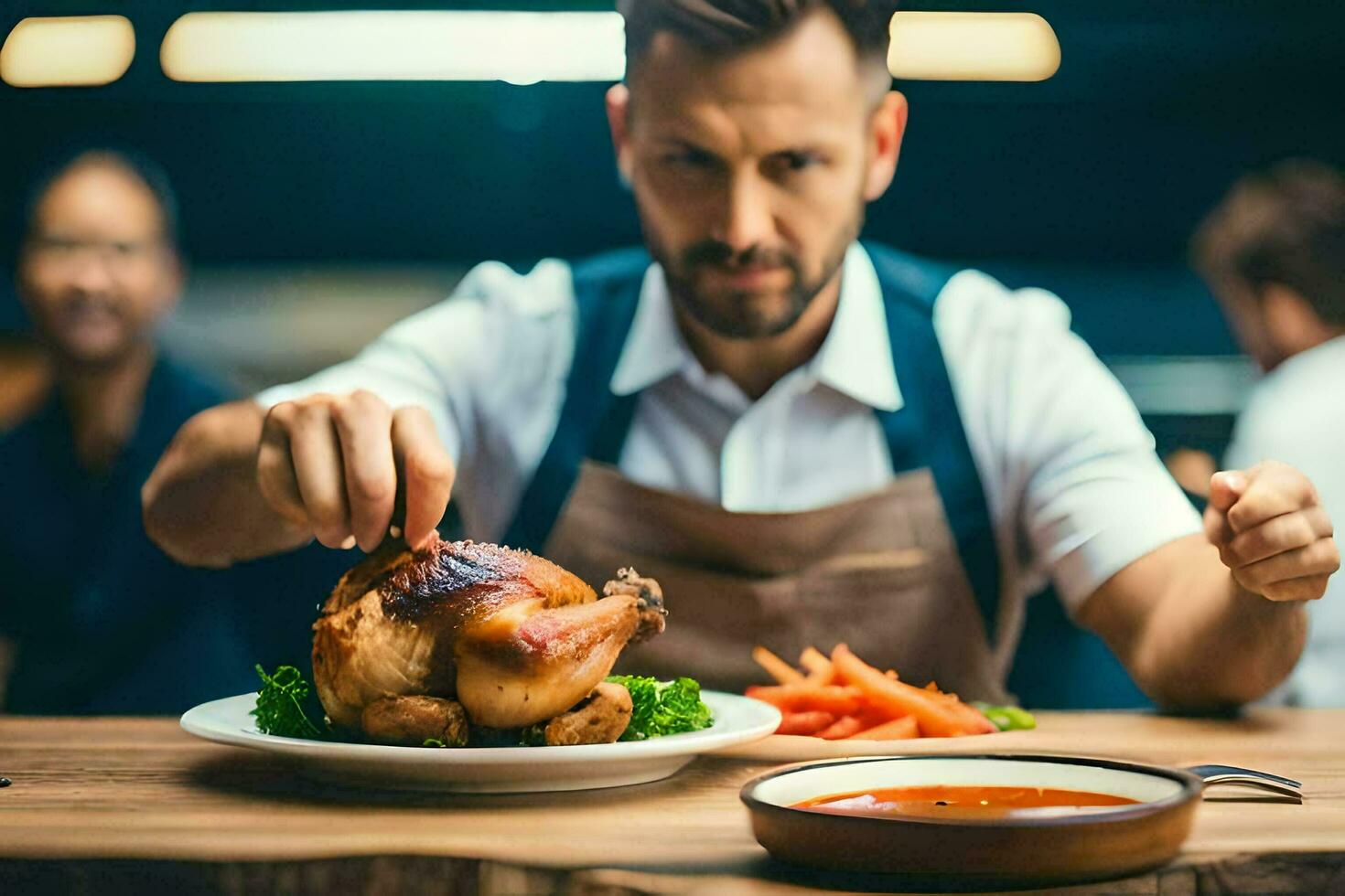 a man is holding a chicken on a plate. AI-Generated photo