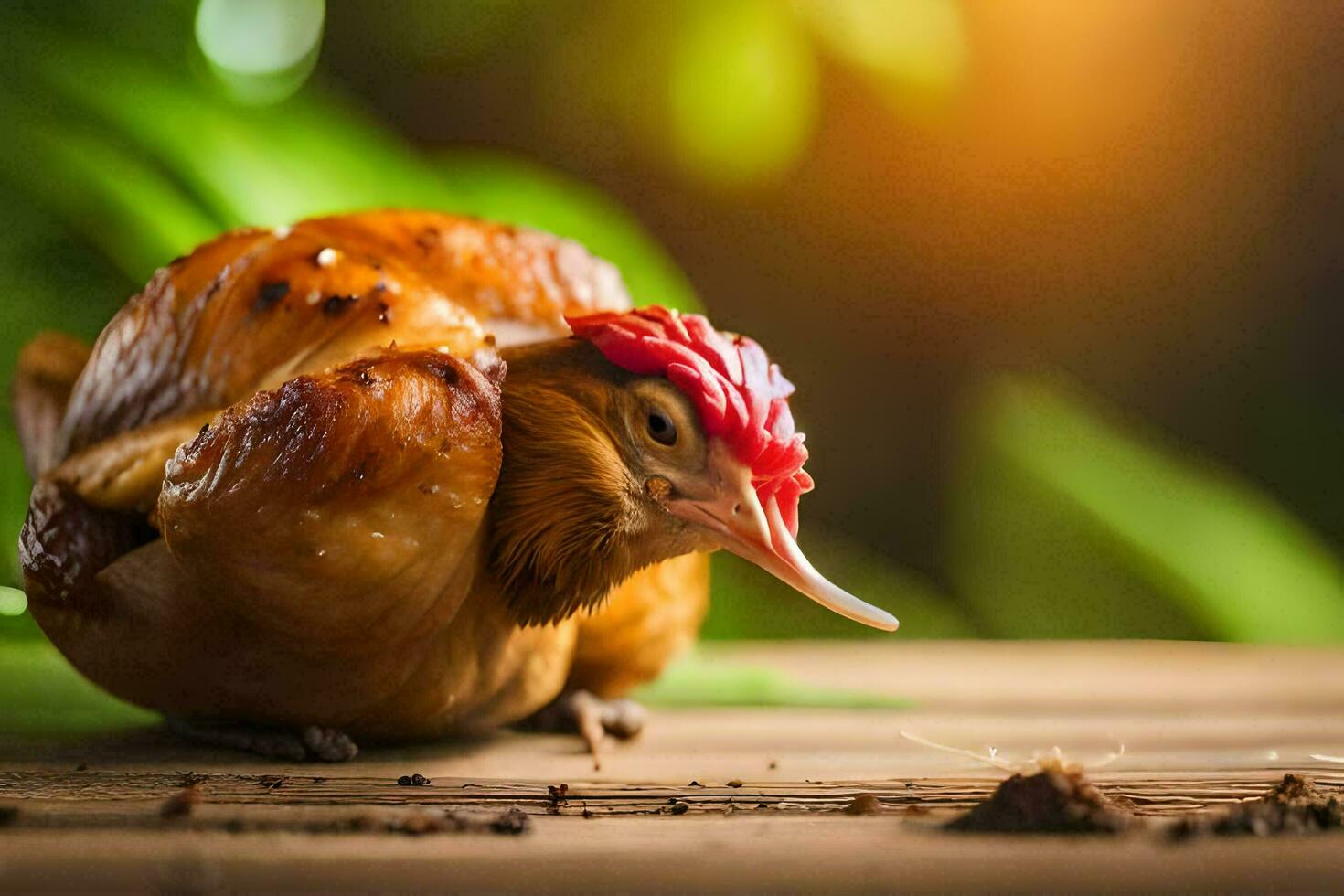 a chicken with a red head sitting on a wooden table. AI-Generated photo