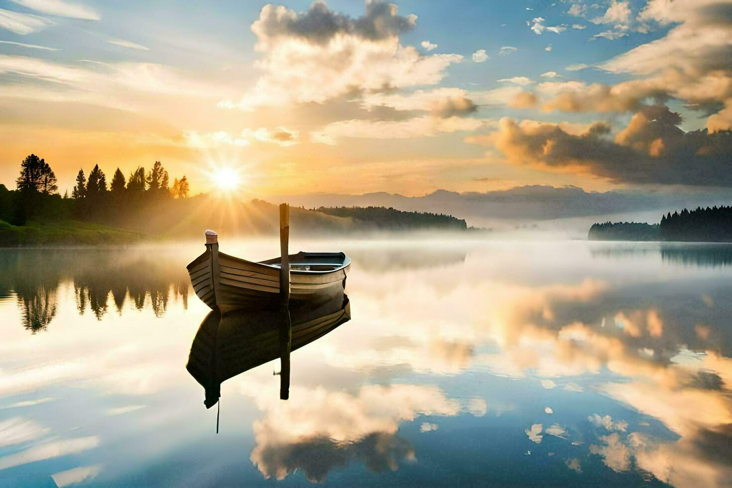 a boat sits on the water at sunset. AI-Generated photo