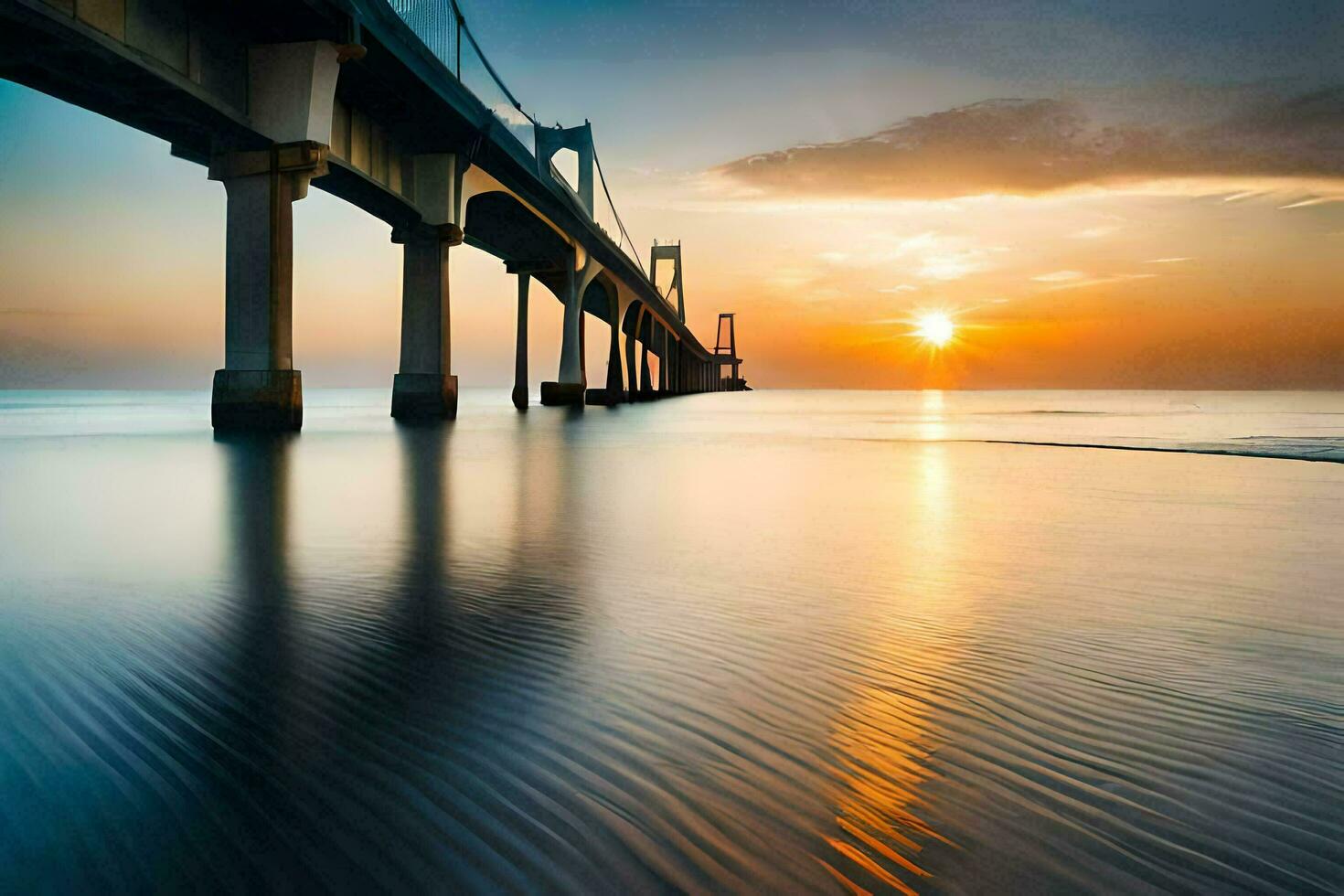 un puente terminado el Oceano a puesta de sol. generado por ai foto