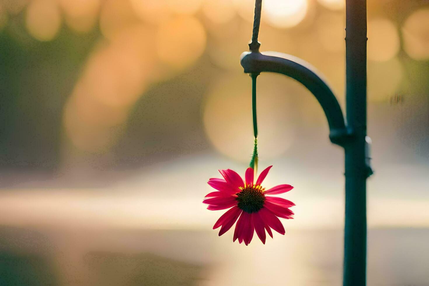 a pink flower hanging from a pole in front of a lake. AI-Generated photo