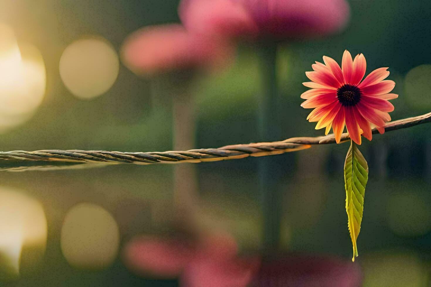 a pink flower sits on a branch in front of a lake. AI-Generated photo