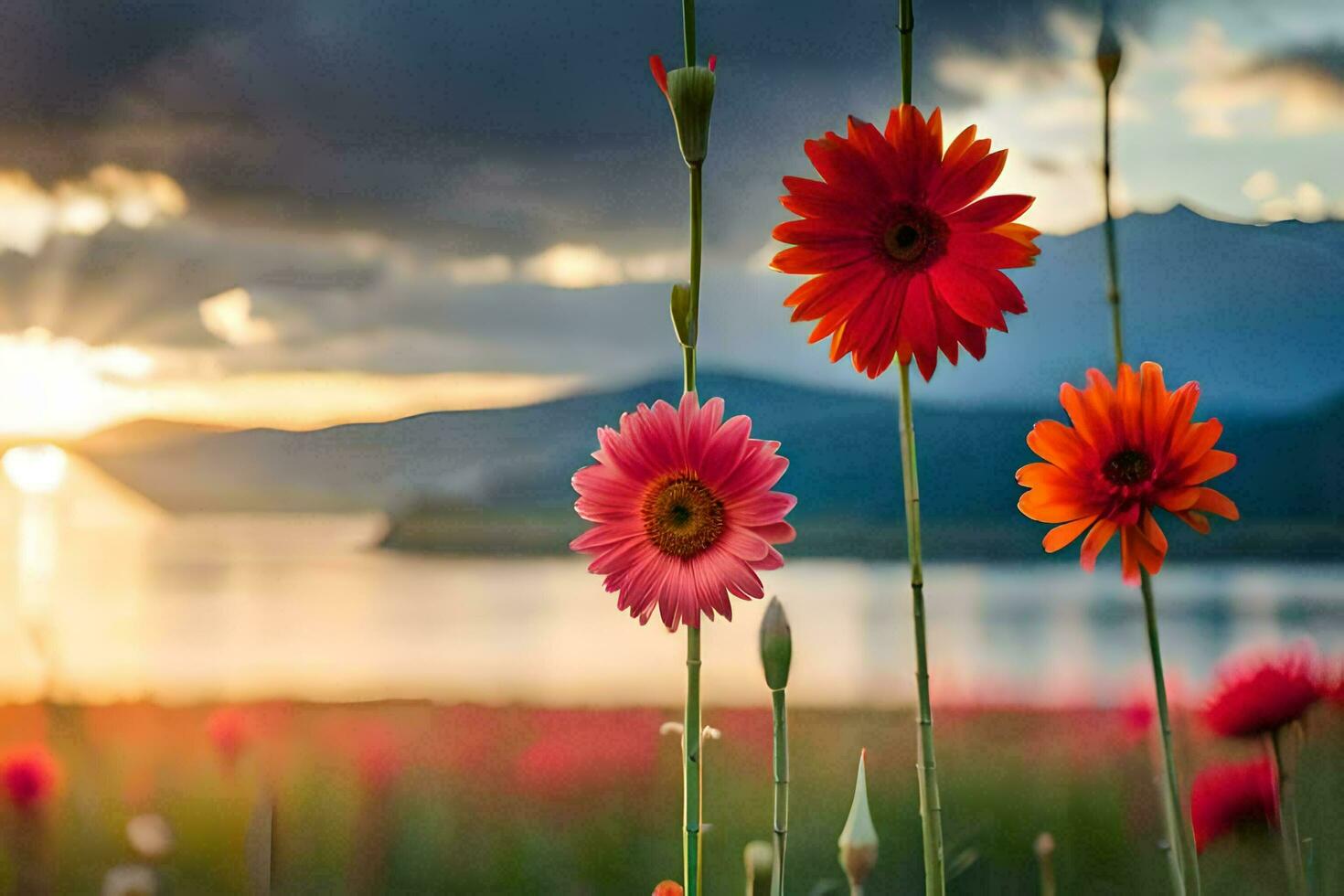 flowers in the field, sunset, mountains, water, flowers, hd wallpaper. AI-Generated photo