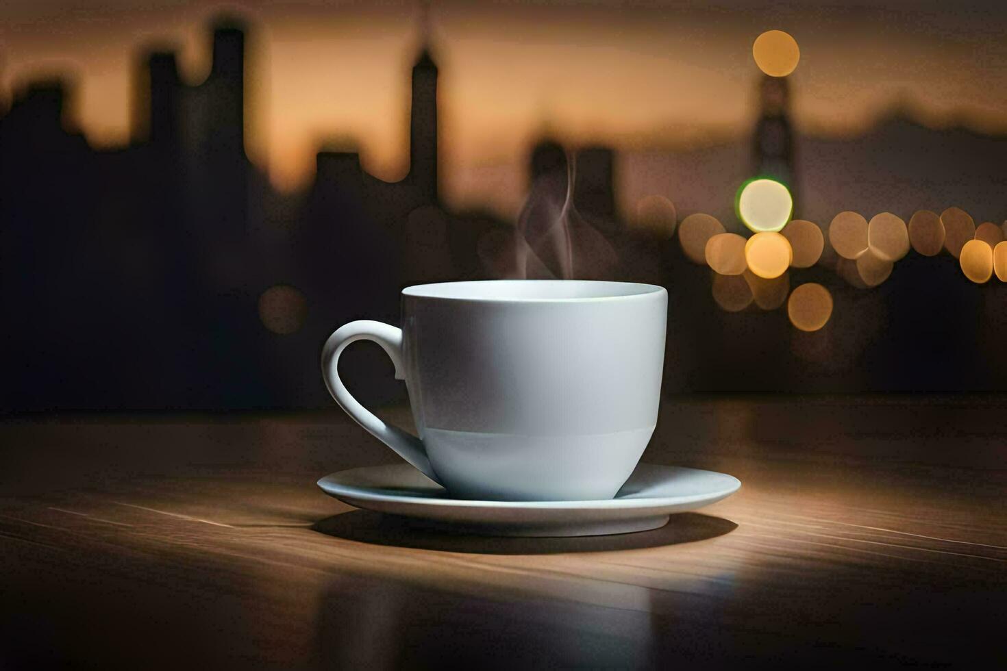 a cup of coffee on a table in front of a cityscape. AI-Generated photo