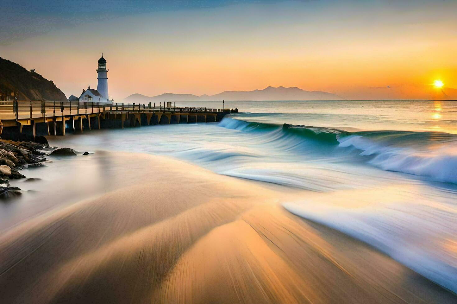 a lighthouse at sunset with waves crashing into the shore. AI-Generated photo