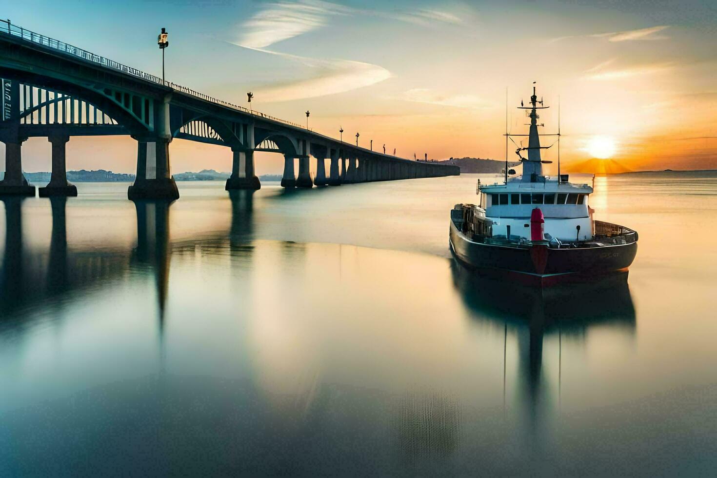 a tug boat is sailing under a bridge at sunset. AI-Generated photo