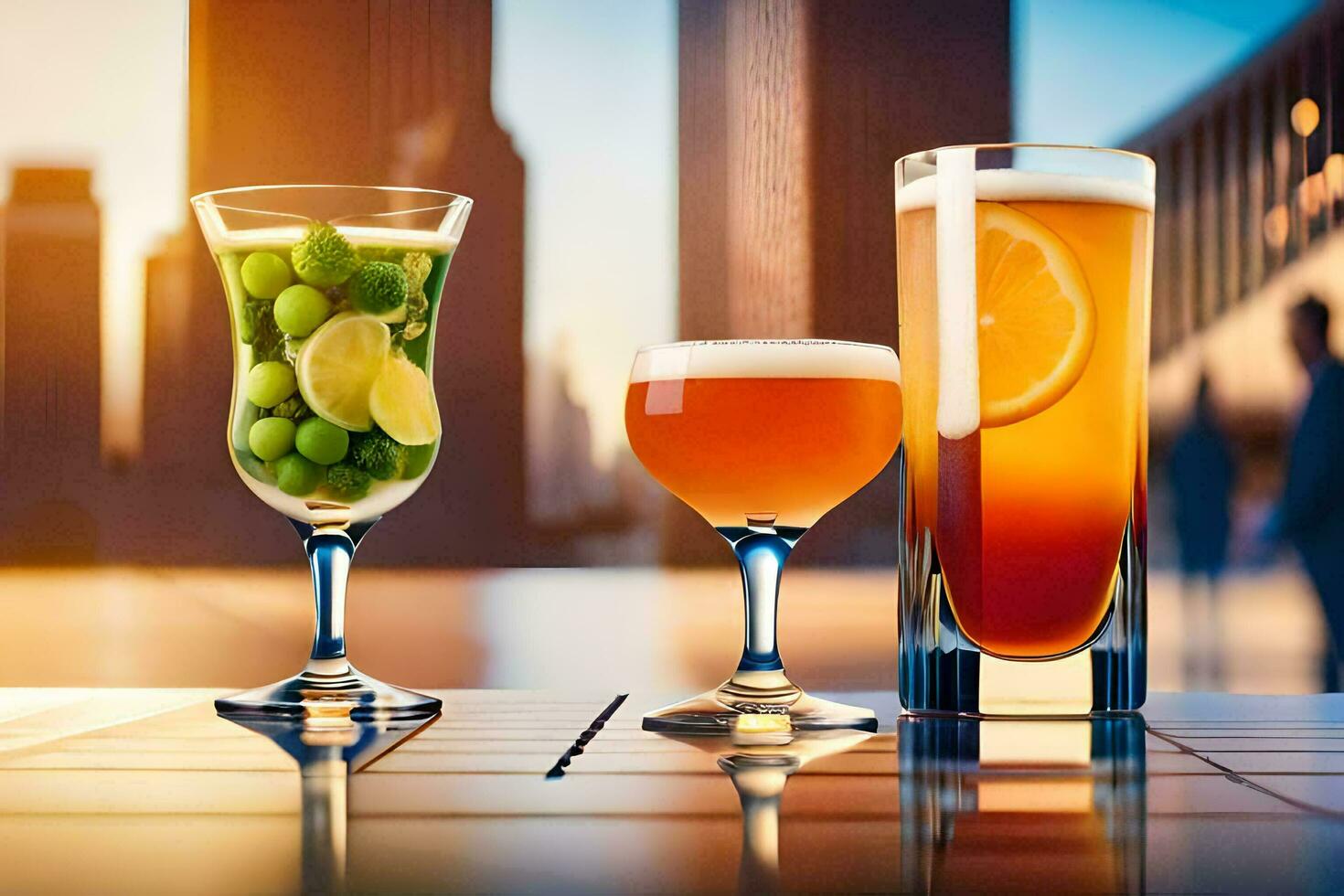 three glasses of different drinks on a table. AI-Generated photo