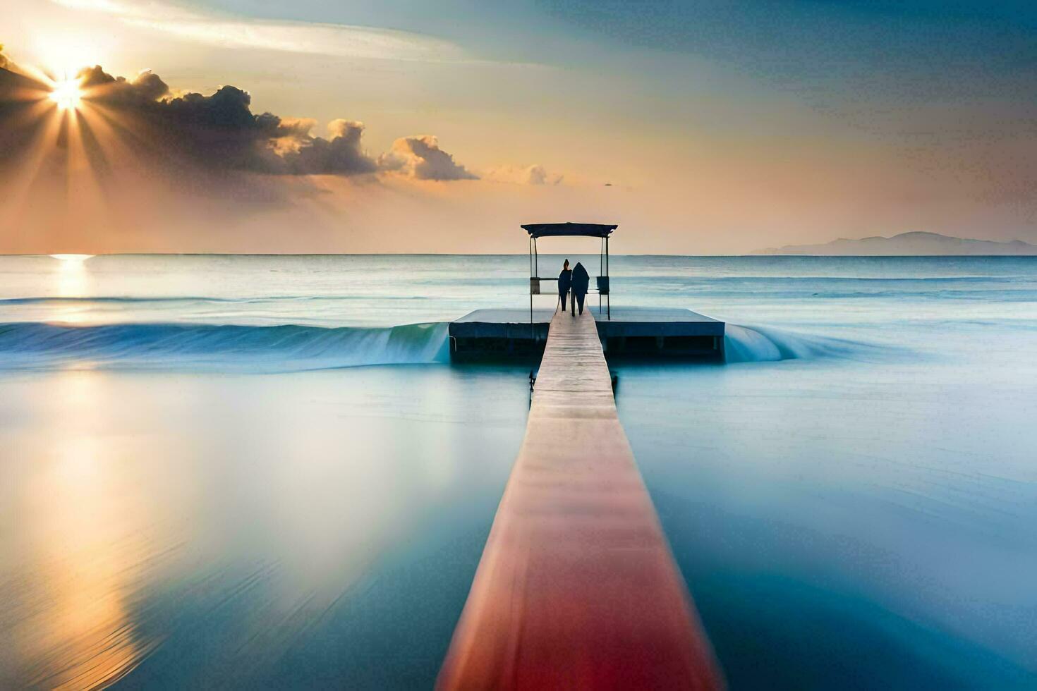 a long exposure photograph of a pier in the ocean. AI-Generated photo