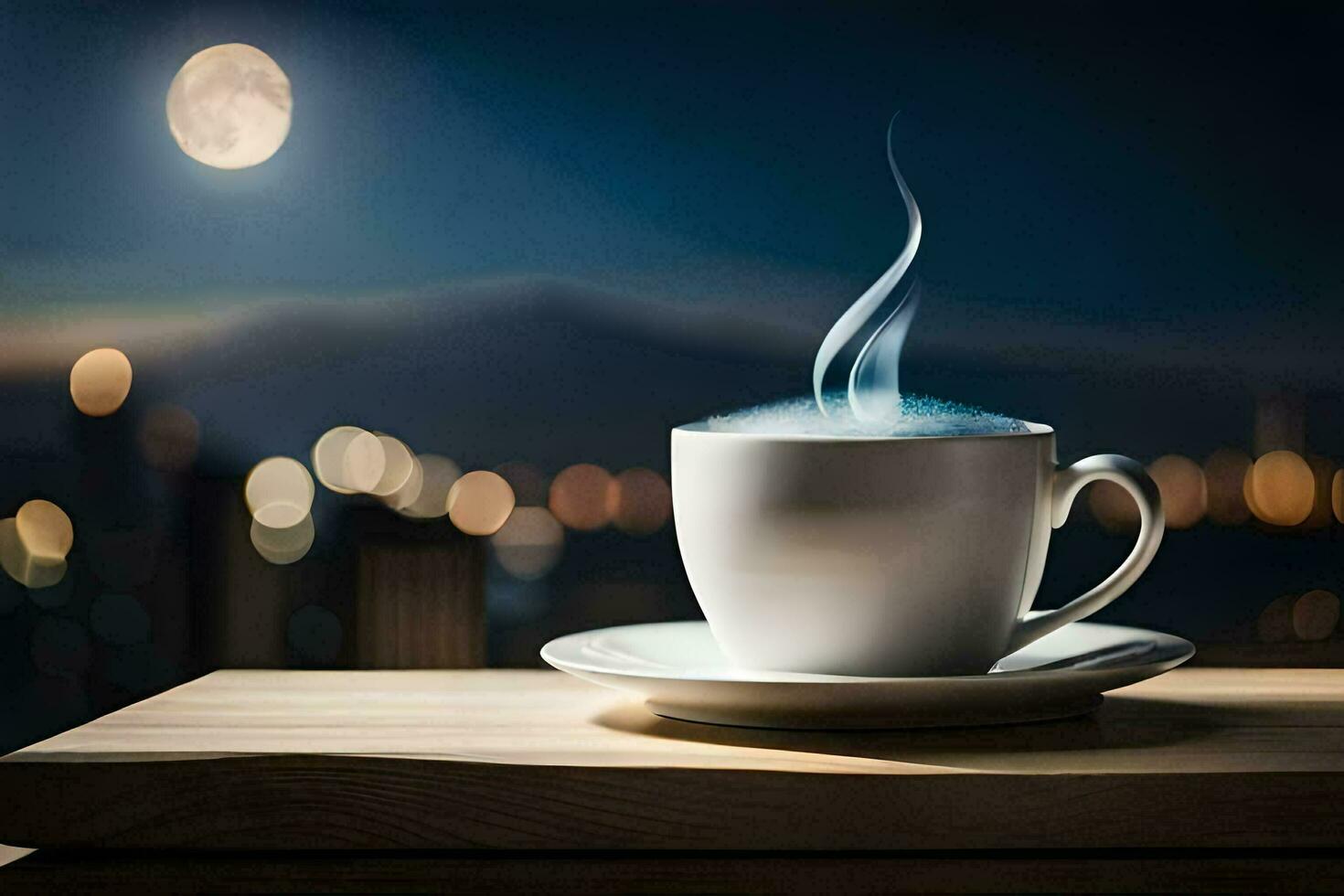 a cup of coffee on a table with a city in the background. AI-Generated photo