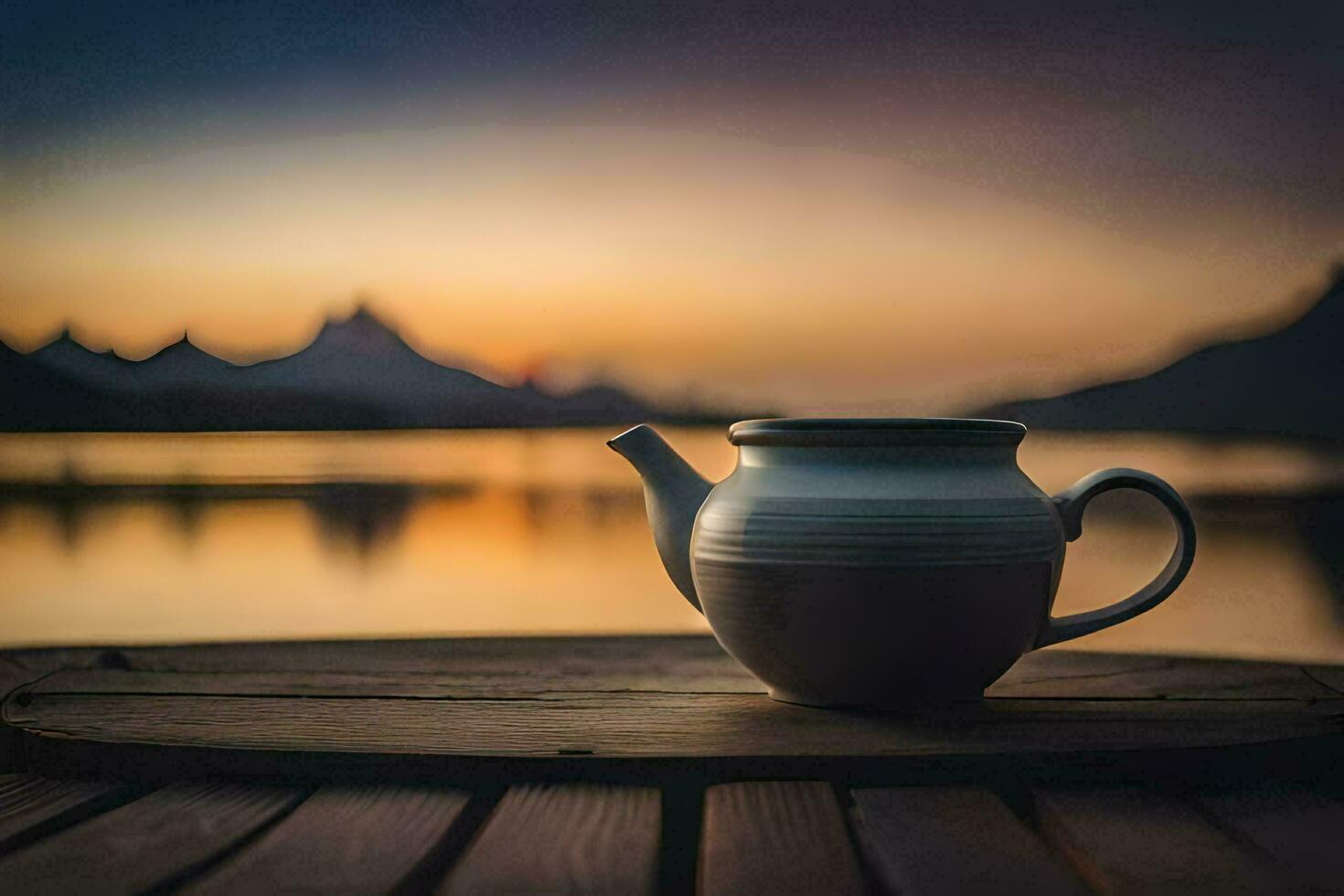 a teapot on a wooden table in front of a lake at sunset. AI-Generated photo